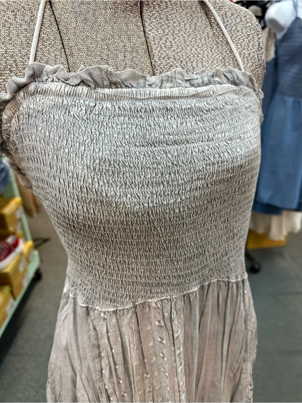 NWT Smocked Boho Light Grey Maxi Dress with Colorful Ruffle Gypsy Hem - Picture 3 of 10